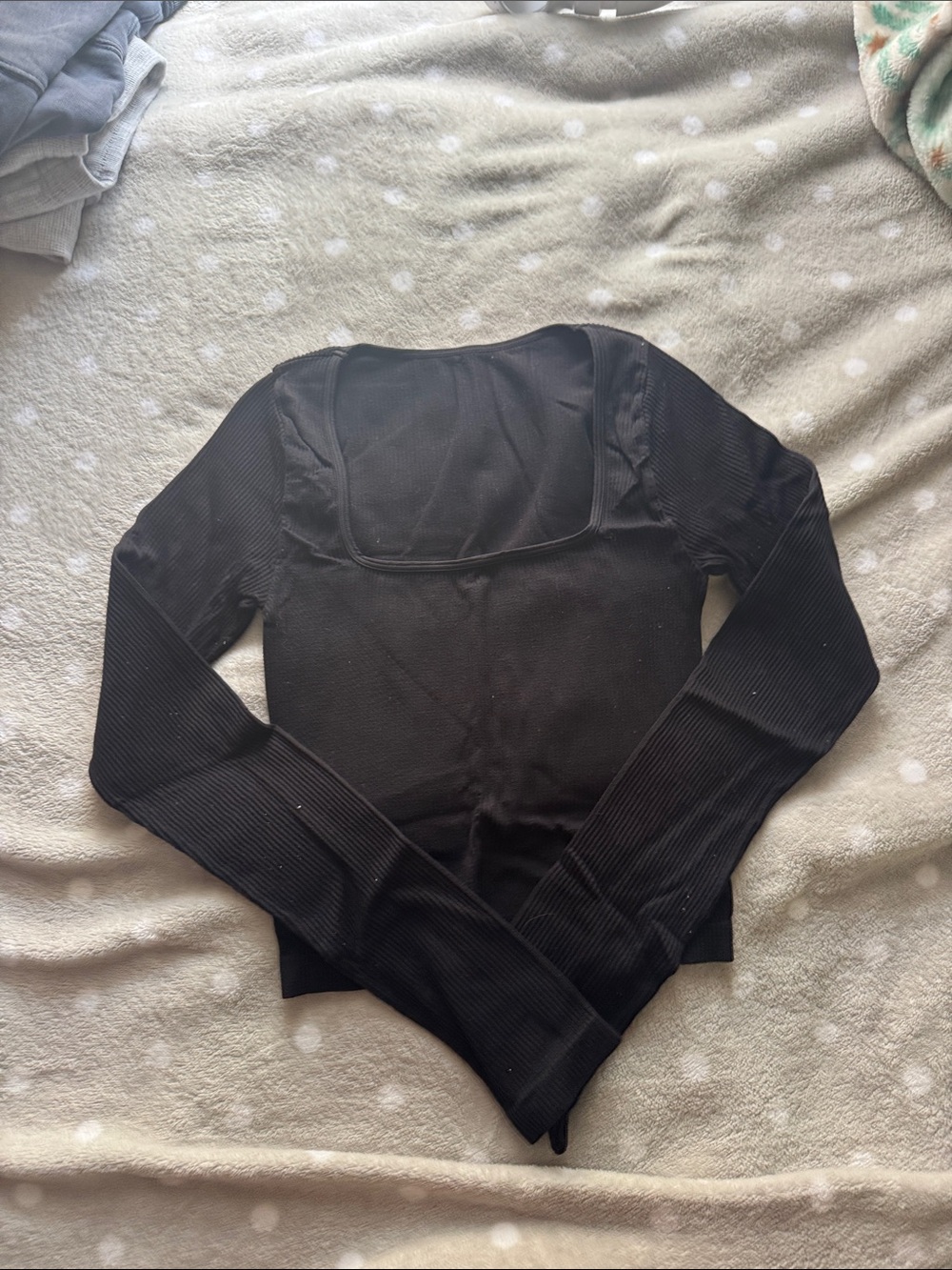 Black Ribbed Long Sleeve Square Neck Top